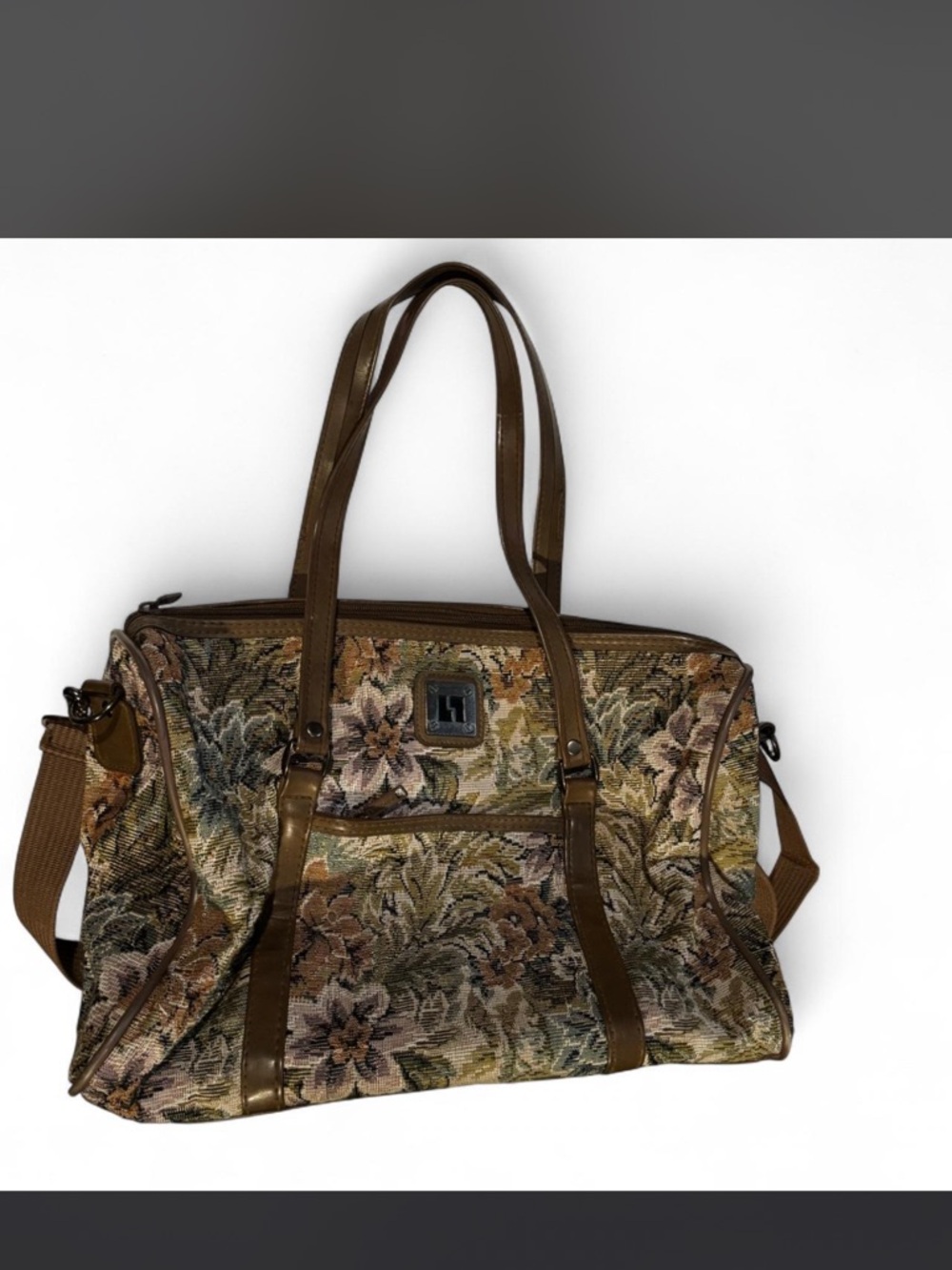 Floral Tapestry Weekender Bag with Brown Trim